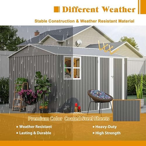 BIRCHTREE Garden Shed Steel Apex Roof House Outdoor Backyard Storage With Lockable Double Doors Window Free Foundation Tool Equipment Organizer Air Vents 10x8FT Grey thumbnail 6