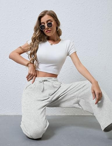 SeekMe Women's Barrel Leg Sweatpant Drawstring Elastic Waisted Wide Leg Pants Casual Cotton Palazzo Trousers with Pockets thumbnail 6