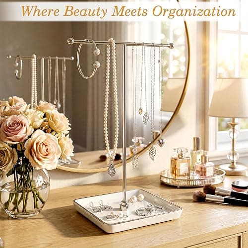 galasily Jewelry Holder Stand with Ceramic Base: 12" Tall Necklace Organizer Rack, Tree Design Display Storage for Necklaces, Bracelets, Rings, Earrings, Aesthetic Vintage Room Décor (Silver) thumbnail 2