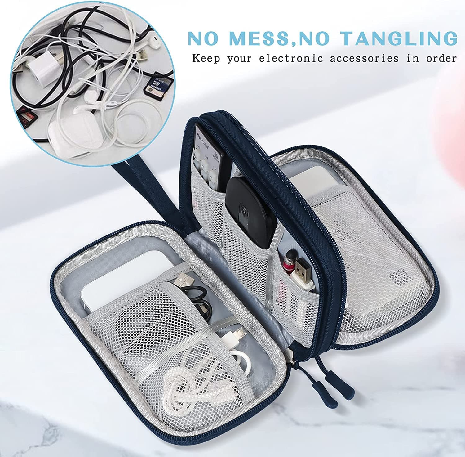 FYY Electronic Organiser - Travel Cable Organizer Bag Pouch Electronic Accessories Carry Case Portable Waterproof Double Layers All-in-One Storage Bag for Cable, Cord, Charger, Phone Navy thumbnail 5