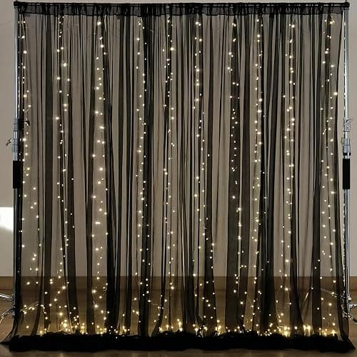 10×10ft Black Tulle Backdrop Curtain with Lights String for Parites, Sheer Photo Backdrop Curtains for Wedding Party Photography Background - Image 1