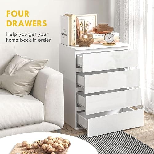 HOMCOM Dresser for Bedroom with 4 Drawers, High Gloss Chest of Drawers with Metal Runners and Groove Handles for Living Room, Hallway, White thumbnail 5