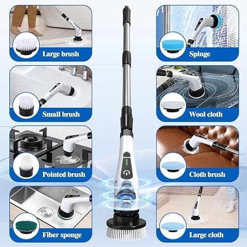Electric Spin Scrubber, Cordless Bath Tub Power Scrubber with 8 Replaceable Drill Brush Heads, Shower Cleaning Brush with Adjustable Handle for Bathroom, Tile Floor & Car, White, (ANS-8050) thumbnail 6