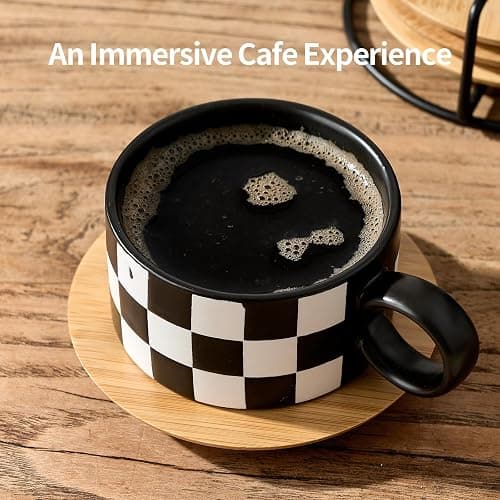 LUKA 6 Ounce Ceramic Stackable Black and White Checkered Espresso Cups with Saucers and Metal Stand Set of 4, Cappuccino Cups Set for Coffee Drinks, Latte, Cafe Mocha and Tea, Black Interior thumbnail 4