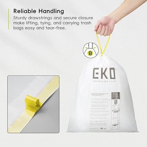 EKO 2.6 Gallon / 7-10 Liter, 80 Count Small Drawstring Trash Bags, Extra-Strong Unscented Garbage Bags, Easy-Dispense Roll for Kitchen & Household Use, Resists Tears, Leaks and Punctures, Code B White thumbnail 5