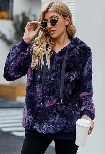 Yanekop Womens Hoodies Sherpa Pullover Sweater Fuzzy Fleece Sweatshirt Oversized Hoodie Cozy Outerwear with Pockets - 3X-Large - C Dark Purple thumbnail 2