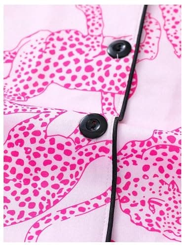 WDIRARA Women's Two Piece Animal Print Short Sleeve Button Shirt and Elastic Waist Shorts Pajama Set thumbnail 6