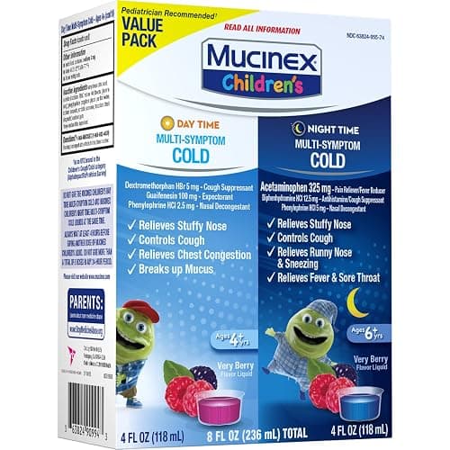 Mucinex Cold & Cough, Children's Multi-Symptom Day/Night Liquid, Very Berry, 8oz (2x4oz) Relieves Nasal & Chest Congestion, Thins & Loosens Mucus, Controls Cough, Reduces Fever, Soothes Sore Throat | For Ages 4+, Guaifenesin, Dextromethorphan HBr, Diphenhydramine HCl, Phenylephrine HCl & Acetaminophen, Alcohol-Free thumbnail 17