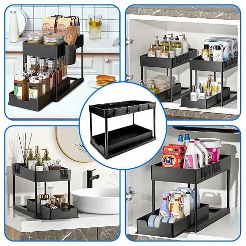 Bnimtm 2 Pack Under Sink Storage Kitchen Organiser - Sliding Drawer Pull Out Under Sink Organiser with Hooks Cup for Kitchen Bathroom thumbnail 6