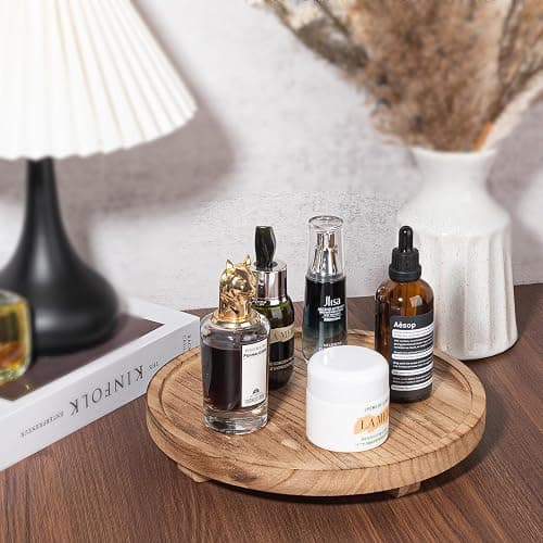 Round Decorative Tray Wood Bathroom Counter Organizer Farmhouse Kitchen Decor Wooden Riser for Soap Dish, Perfume, Candle, Sponge, 10" - Brown thumbnail 2