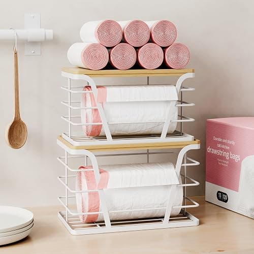 TIDIIABODE 2 Pack Stackable Laundry Room Organization and Storage, Laundry Room Decor and Accessories, Trash Bag Holder with Bamboo Top and Garbage Bag Dispenser, White thumbnail 2
