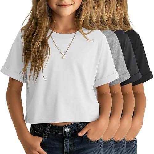 Mumucove 4 Pack Girls Crop Tops Kids Short Rolled Sleeve Shirts Loose Crew Neck Casual T-Shirts Cute Basic Summer Tees - Image 1