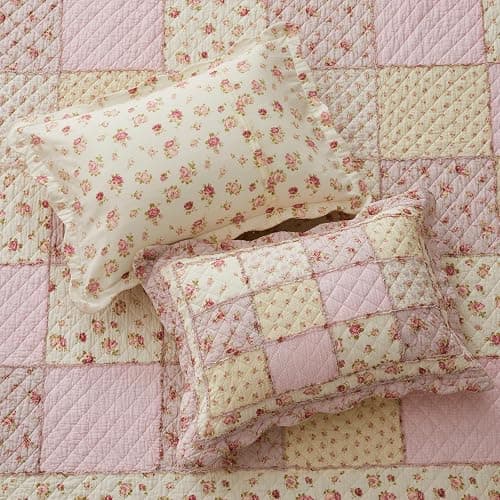 Cozyholy Queen Size Quilt Set 3-Piece, 100% Cotton Patchwork Quilt, Pink Floral Reversible Shabby Chic Bedding Bedspread for All Season, Soft Quilted Blanket with 2 Pillow Shams Machine Washable thumbnail 3