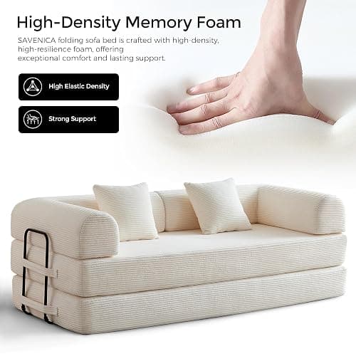 79" Convertible Sofa Bed with Fixed-Shape Frame & Removable Armrests, Modular Corduroy Sleeper Sofa, Folding Mattress Couch for Small Spaces - No Assembly Needed in White (Includes 2 Pillows) - White thumbnail 3