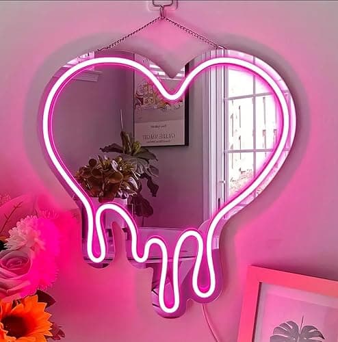 DAKABUKA Heart Neon Sign Pink Heart-Melting Neon Light Mirror LED Decorative Wall Mirror Sign for Bedroom and Girl's Room Party Studio Shop Decor Birthday Gift(13 * 11.8 inch) - Image 1