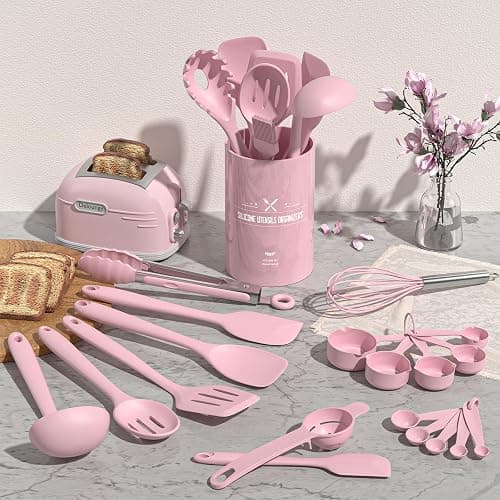 Umite Chef 22-Piece Silicone Cooking Utensils Set, Heat Resistant & Dishwasher Safe Kitchen Tools, Non-Scratch Spatula Set for Nonstick Cookware (Pink) thumbnail 2