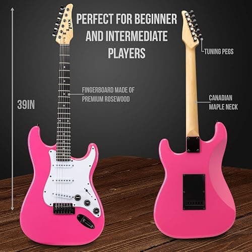 LyxPro 39" inch Full Size Electric Guitar with 20w Amp, Package Includes All Accessories, Digital Tuner, Strings, Picks, Tremolo Bar, Shoulder Strap, and Case Bag Complete Beginner Starter kit - Pink - 39" Right Handed - Pink thumbnail 3