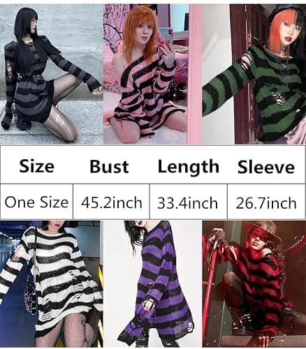 URAWESO Goth Y2K Striped Sweater Ripped Punk Gothic Long Sweaters for Women Harajuku Aesthetic Halloween Pullover Tops thumbnail 9