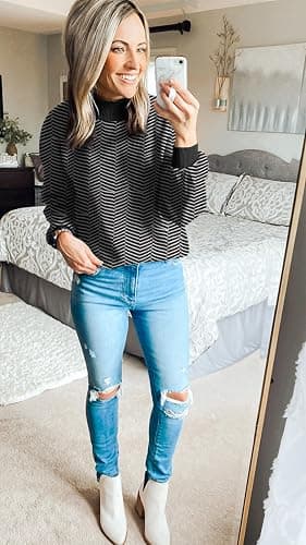 ZESICA Women's 2025 Fall Fashion Turtleneck Long Sleeve Striped Ribbed Knit Loose Pullover Sweater Tops thumbnail 5
