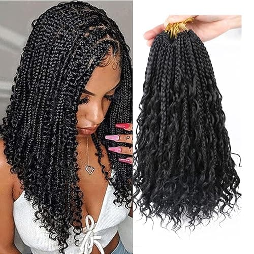 WoWCFyyds 8 Packs Crochet Braids Hair Curly 12 Inch Goddess Box Braids Crochet Hair Bohemian Hippie Braids Extensions with Curly Ends Synthetic Hair Extensions for Braids（1B） - Image 1