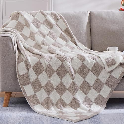 WRENSONGE Checkered Throw Blanket, Taupe Microfiber Soft Cozy Fluffy Warm Hand Made Throw Blankets for Couch, Sofa, Chair, Bed, Camping, Picnic, Travel Lightweight Bed Blanket - 50"*70" thumbnail 2