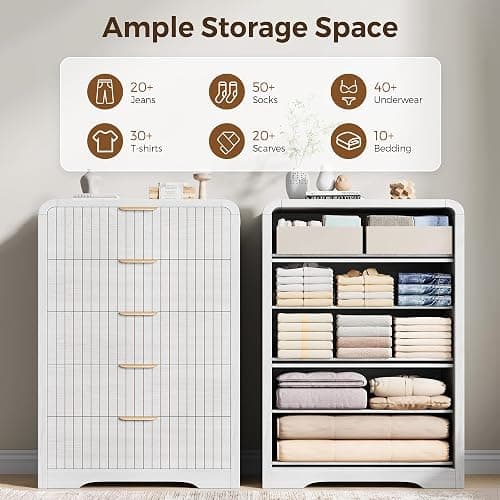 Jocoevol 5 Drawer Dresser for Bedroom, Tall Chest of Drawers, Fluted Wood Dresser with Curved Profile Design, Modern Vertical Storage Dresser for Living Room, White Dresser thumbnail 4