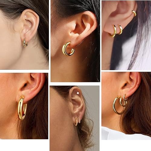 Cuicanstar 9 Pairs Chunky Gold Plated Hoop Earrings Lightweight 14K Gold Plated Hoops Earrings Minimalist Artificial Cubic Zirconia Huggie Earrings Set for Women thumbnail 2