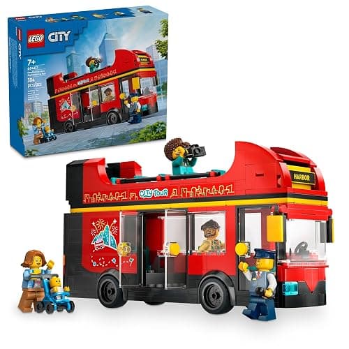 LEGO City Red Double-Decker Sightseeing Bus Toy Vehicle Set, Birthday Gift for 7 Year Olds, for Kids, Double-Decker London Bus Toy, 5 Characters Including a Baby and Stroller, 60407 - Image 1
