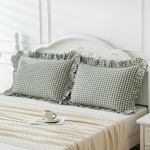 Qilunn 2 Pack Sage Green White Plaid Ruffle Pillow Shams Standard Size 20x26 inches, 100% Cotton Gingham Checkered Farmhouse Pillowcases for Bed/Sofa (20x26 inches, Sage Green/White Plaid) thumbnail 2