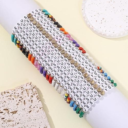 Taouzi 24Pcs 𝐉𝐞𝐬𝐮𝐬 𝐋𝐨𝐯𝐞𝐬 𝐘𝐨𝐮 Bracelets Bulk Handmade Clay Beads 𝐁𝐢𝐛𝐥𝐞 𝐕𝐞𝐫𝐬𝐞 Bracelets Christian Friendship Jewelry Xmas Gifts for Women thumbnail 6