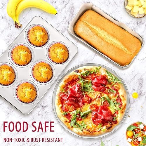 E-far 12-Piece Stainless Steel Bakeware Sets, Metal Baking Pan Set Include Round Cake Pans, Square/Rectangle Baking Pans with Lids, Cookie Sheet, Loaf/Muffin/Pizza Pan, Non-toxic & Dishwasher Safe thumbnail 2