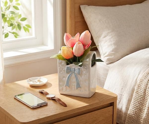 FLOROAD Spring Decor, Artificial Tulips in Ceramic Vase Spring Easter Table Centerpiece for Home Indoor Table Shelf Mantel Living Room Bathroom Bedroom Dining Coffee Bar Kitchen Decoration thumbnail 6