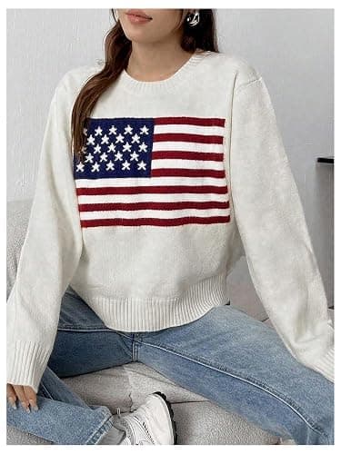 SweatyRocks Women's Flag Pattern Long Sleeve Round Neck Sweater Casual Loose Pullover Sweater thumbnail 4