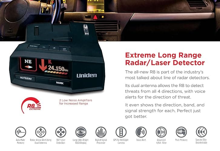 UNIDEN R8 Extreme Long-Range Radar/Laser Detector, Dual-Antennas Front & Rear Detection w/Directional Arrows, Built-in GPS w/Real-Time Alerts, Voice Alerts, Red Light Camera and Speed Camera Alerts thumbnail 5