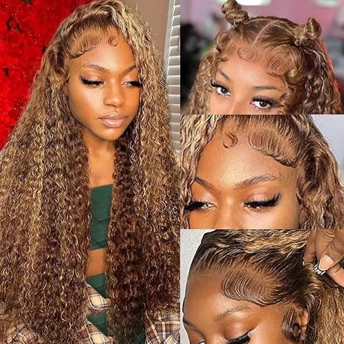 ZZMDS 28 Inch 13x6 Highlight Ombre Deep Wave Lace Front Wigs Human Hair Pre Plucked #4/27 Colored Glueless Wigs Water Wave Honey Blonde Curly Lace Frontal Wigs Human Hair for Women - Image 1