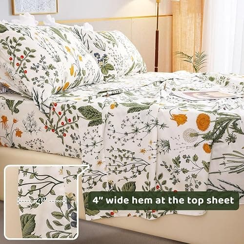 QSH 100% Cotton Sheets for King Size Bed, Yellow Flowers Plant Pattern Botanical Luxury Cotton Printed Floral Bedding King Size Sheet with Deep Pockets 17" Soft and Breathable 4pcs thumbnail 6