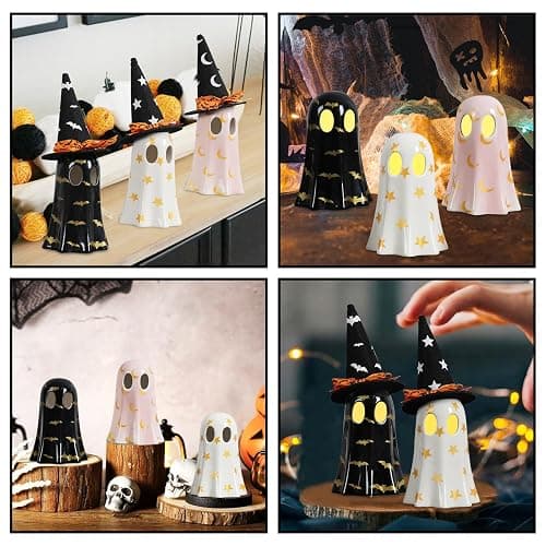 DAZONGE Set of 3 Halloween Ceramic Ghost Halloween Decorations Indoor | Ceramic Ghost Figurines with Witch Hats for Indoor Halloween Decor. Cute Spooky Ghost Decor for Mantel, Shelf or Tabletop thumbnail 6
