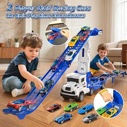 Transport Truck Toys for 3 4 5 6 7 Years Old Boys,Toys Cars Track Set Transporter Trucks with 12 Die-Cast Car Toys 2 Race catapults Dual-Track Model,Toddler Car Toy Set for Kids Boys Girls thumbnail 5