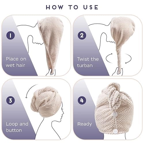 SimpleField 2 Pack Microfiber Hair Towel Wrap for Women, Anti Frizz Quick Drying Hair Turban for All Hair Style, Absorbent and Lightweight (Beige) thumbnail 6