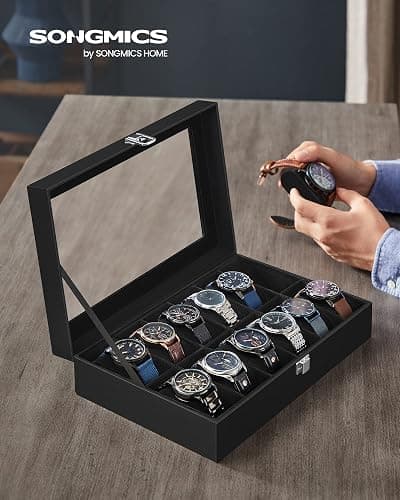 SONGMICS Boîte à Montres, 12 Emplacements, Coffret à Montres, Écrin, Couvercle en Verre, Coussinets Amovibles, Serrure en Métal, Revêtement en Noir et Doublure en Noir JWB12B thumbnail 2