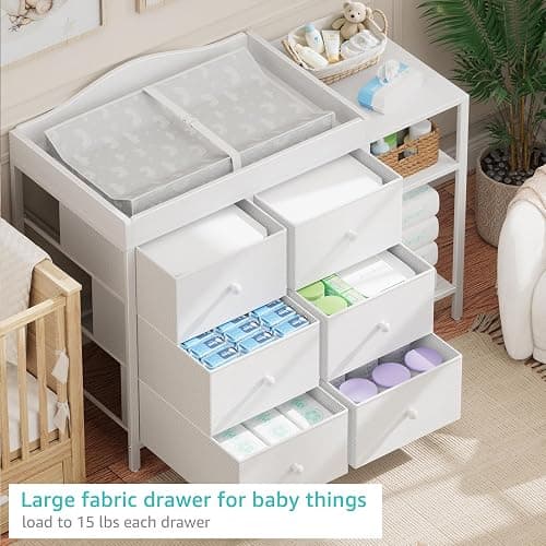 BOLUO Baby Dresser with Changing Table Top, White Changing Table Dresser with 6 Fabric Drawers Diaper Changing Station with Storage Shelf for Nursery Modern thumbnail 4