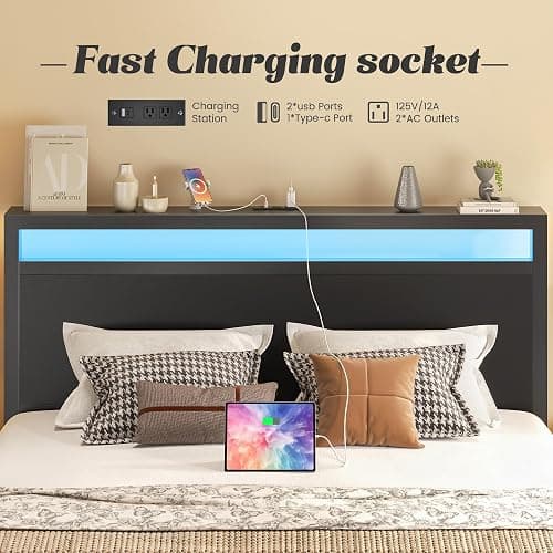 Fluest Queen Bed Frame with Headboard & Footboard, Bed Frame with Built-in Charging Station & LED Light, Storage Shelf, Noise-Free, No Box Spring Needed, Easy Assembly, Classic Black thumbnail 5