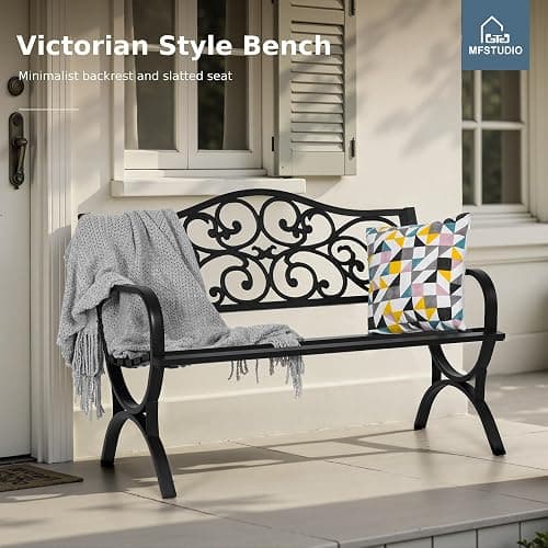 MFSTUDIO 50 Inches Outdoor Garden Bench, Cast Iron Metal Frame Patio Park Bench with Floral Pattern Backrest, Arch Legs for Porch Lawn Garden Yard(Black) thumbnail 4