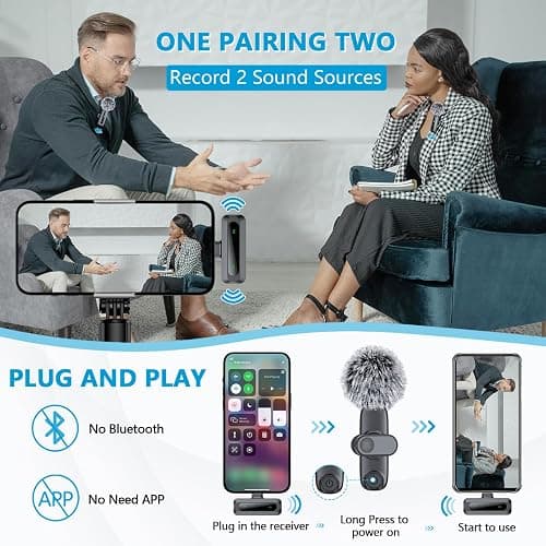 2 Pack Wireless Microphone for iPhone iPad, Phone Lapel Clip Mini Mic Vlog | Wireless Lavalier Microphone with Noise Reduction, Plug-Play Wireless Mic for Video Recording, Interview, YouTube, TikTok thumbnail 3