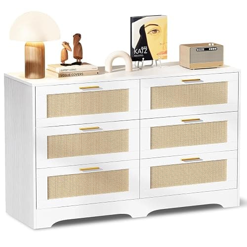 Redlife White Rattan Dresser for Bedroom, 6 Drawer Dresser with Golden Handles, Wood Storage Chest of Drawers for Closet, Living Room, Hallway and Entryway - Easy Assembly - Image 1