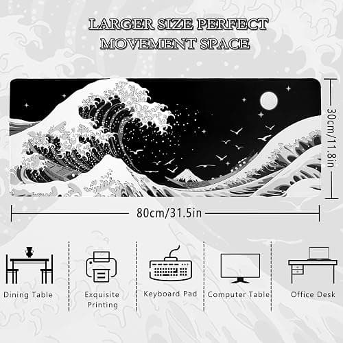 MEWOOCUE® Gaming Mouse Pad for Desk,Large Sea Wave Mousepad Laptop,Black White Japanese Anime Mouse Mat,Long XXL Waterproof Keyboard Pads,Big Non-Slip Mouse Pads for Game Office Home（31.5 x 11.9 in） thumbnail 3