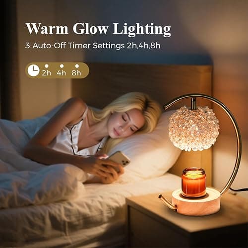 Yeuslor Gold Candle Warmer Lamp for Jar Candles with Adjustable Brightness＆Timer，Handcrafted Crystal＆Wooden Base, Luxurious Design,Home Decoration Electric Candle lamp(C-Shaped) - Gold thumbnail 5