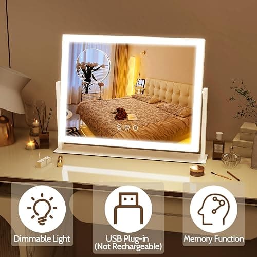 ROLOVE Lighted Makeup Mirror 16.3"x12.6", Hollywood Vanity Mirror with 10X Magnifier, 3 Color LED Lighting Modes, Smart Touch Control & 360° Rotation, Tabletop Makeup Mirror (White, Gift Ready) thumbnail 6