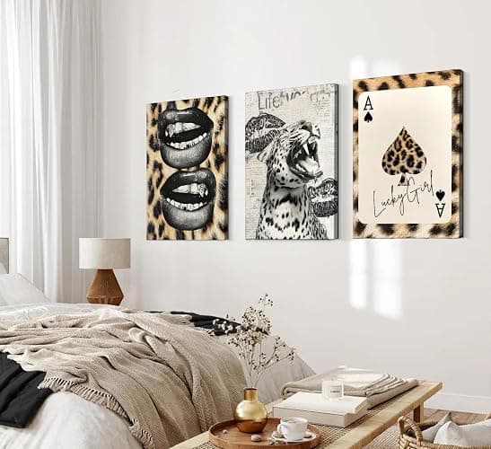 3Pcs Trendy Cheetah Roaring Canvas Wall Art Leopard Lucky Girl Poker Lips Painting Picture Wall Decor Funky Preppy Poster Print Artwork for Bedroom Girly Room Living Room Apartment Home Decoration thumbnail 3