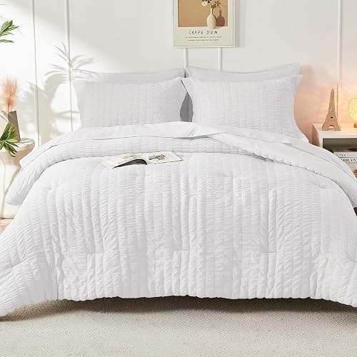 HYMOKEGE White Full Size Comforter Sets Seersucker 7 Pieces, All Season Luxury Bed in a Bag for Bedroom, Bedding Set with Comforters, Sheets, Pillowcases & Shams thumbnail 8